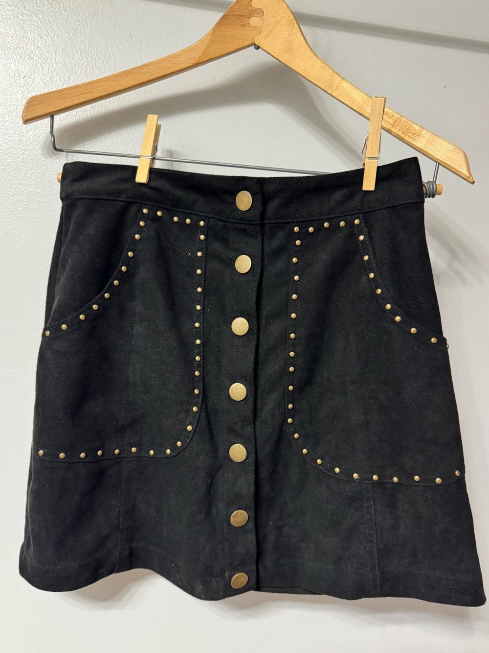 Black Suede Button-Front Mini Skirt with Studs